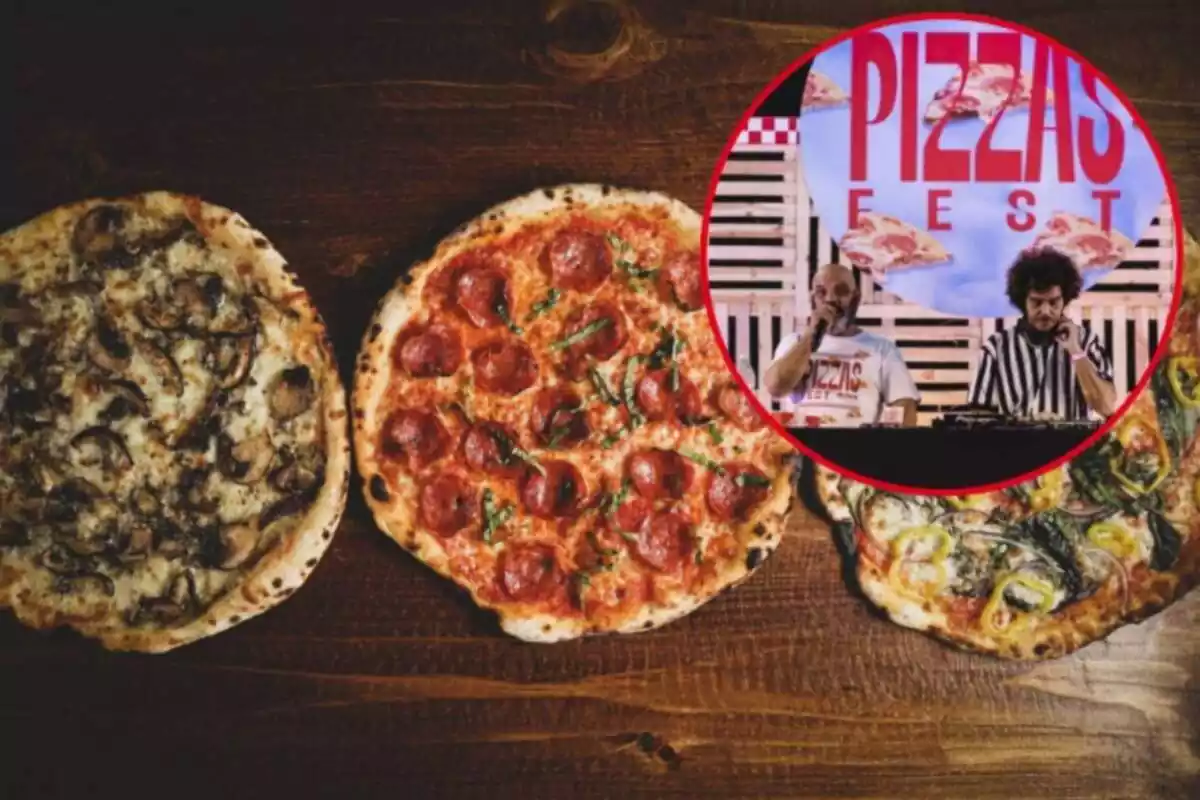 Montaje de tres pizzas encima de una mesa de madera y el Pizzas Fest con dos DJ