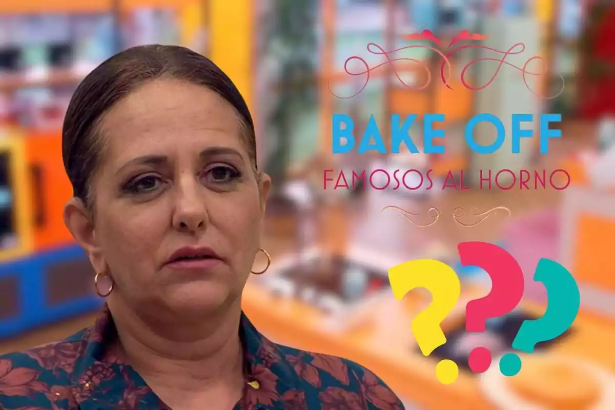 Montaje del plató de 'Bake Off' al fondo, Yolanda Ramos seria con unos pendientes de aro, el logo del programa y unos interrogantes