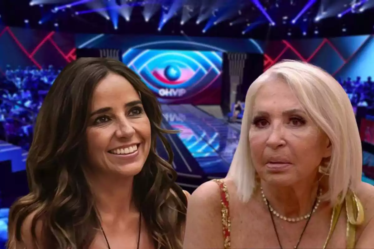 Montaje con el plató de 'GH VIP' al fondo, Carmen Alcayde sonriendo y Laura Bozzo seria