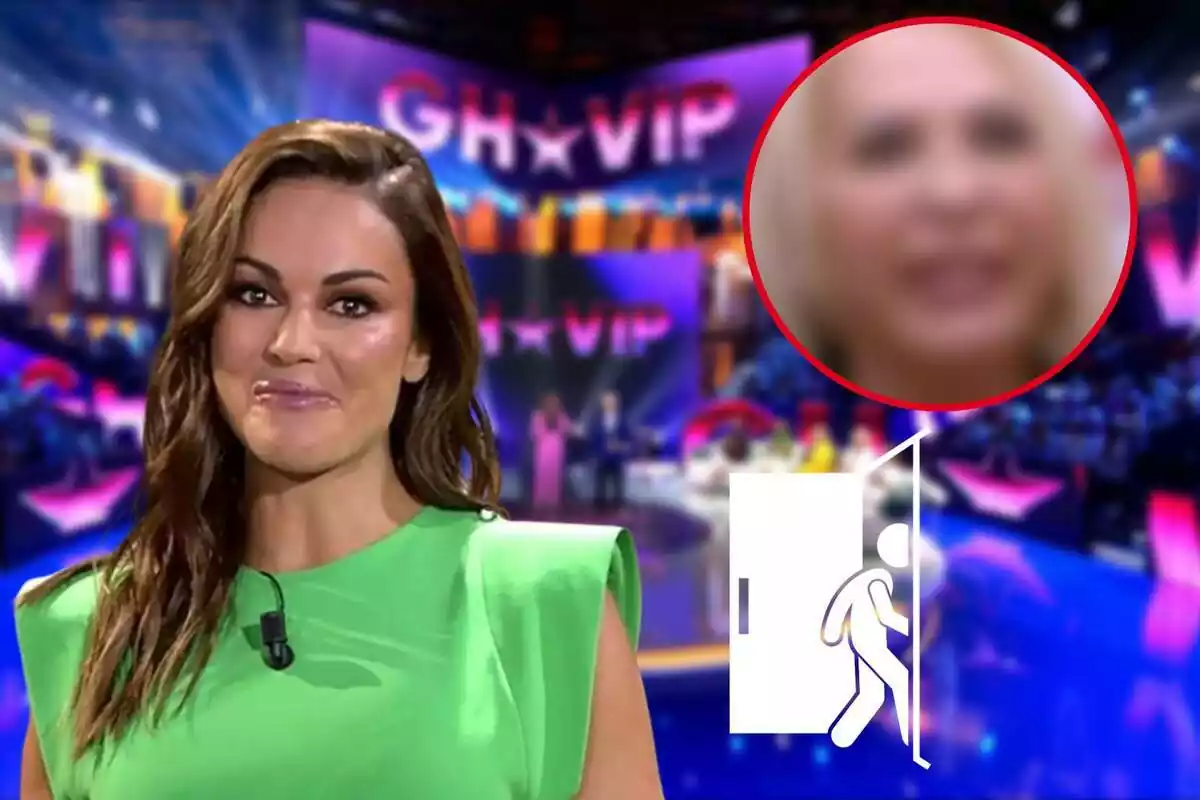 Montaje con el plató de 'GH VIP' al fondo, Lara Álvarez sonriendo, un concursante difuminado y una puerta de salida