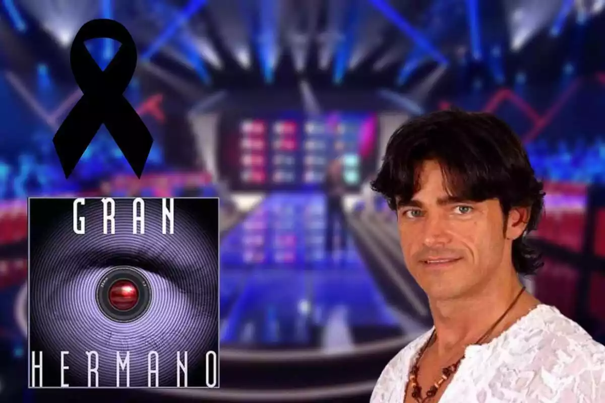 Montaje con el plató de 'Gran Hermano' al fondo, el logo del programa, un lazo negro y Conrad Chase