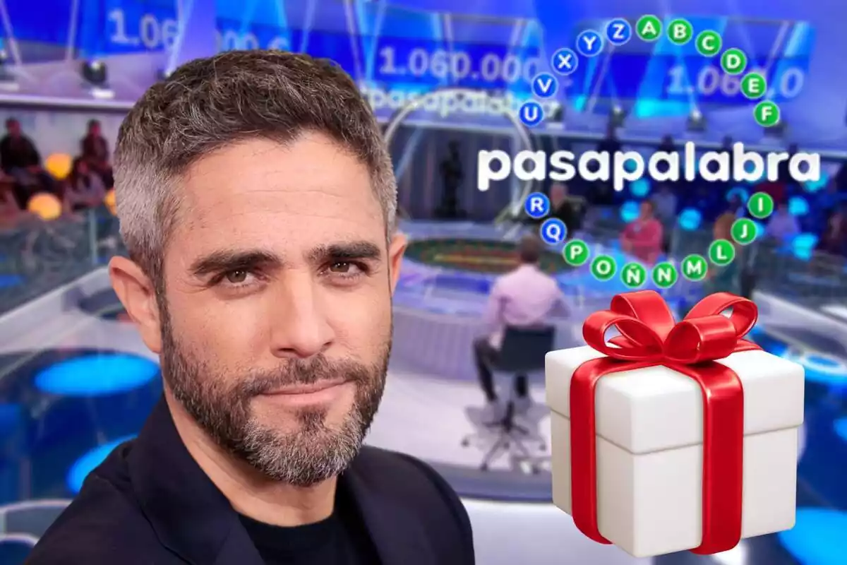 Montaje con el plató de 'Pasapalabra' al fondo, el logo del programa, Roberto Leal sonriendo y un regalo