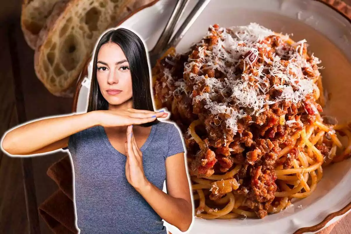 Montage of a plate of pasta and a girl making a stop gesture with her arms