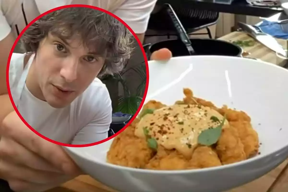 Montaje con el plato de rape en adobo con mayonesa y un círculo con la cara del chef Jordi Cruz