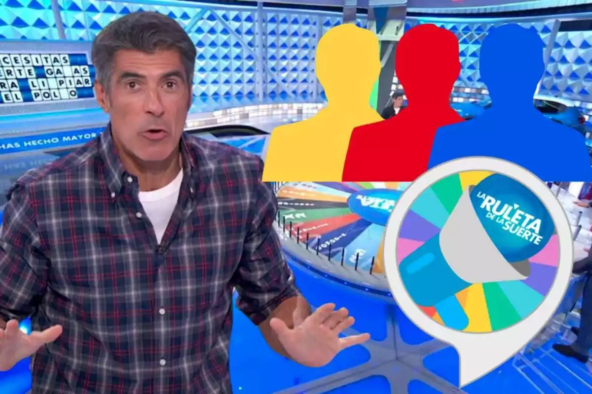 Montaje con el plató de 'La Ruleta de la Suerte' al fondo, Jorge Fernández sorprendido, 3 siluetas amarilla, roja y azul, y el logo del programa dentro de un megáfono
