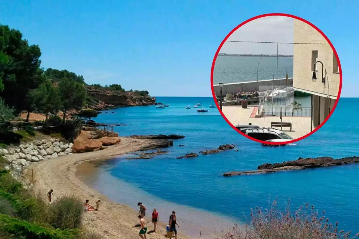 Montaje de una playa de L'Ampolla y la vista del puerto desde un piso