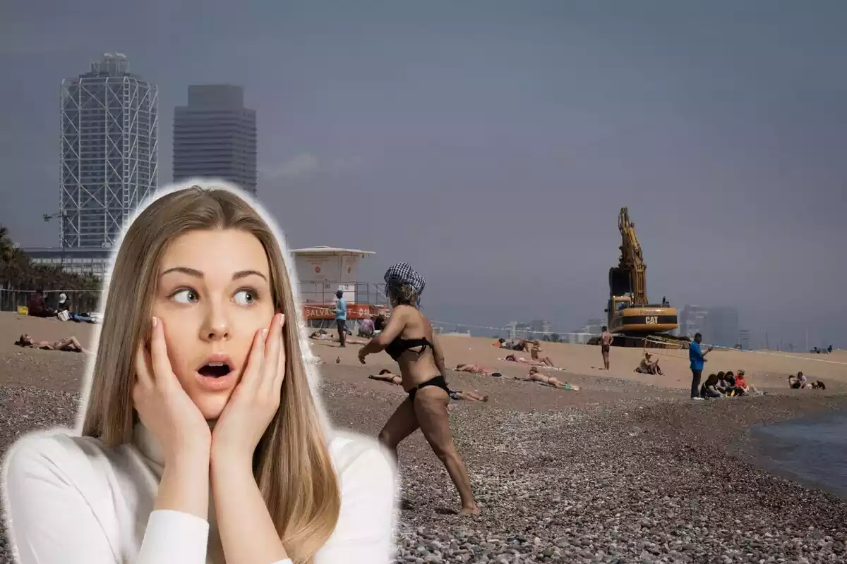 Montaje de una playa de Barcelona con gente tomando el sol y una máquina trabajando y una chica con las manos en la cara sorprendida