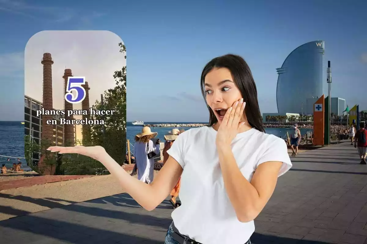 Montaje de la playa de Barcelona, captura de los 5 planes para hacer y una chica con camiseta blanca sorprendida y señalando