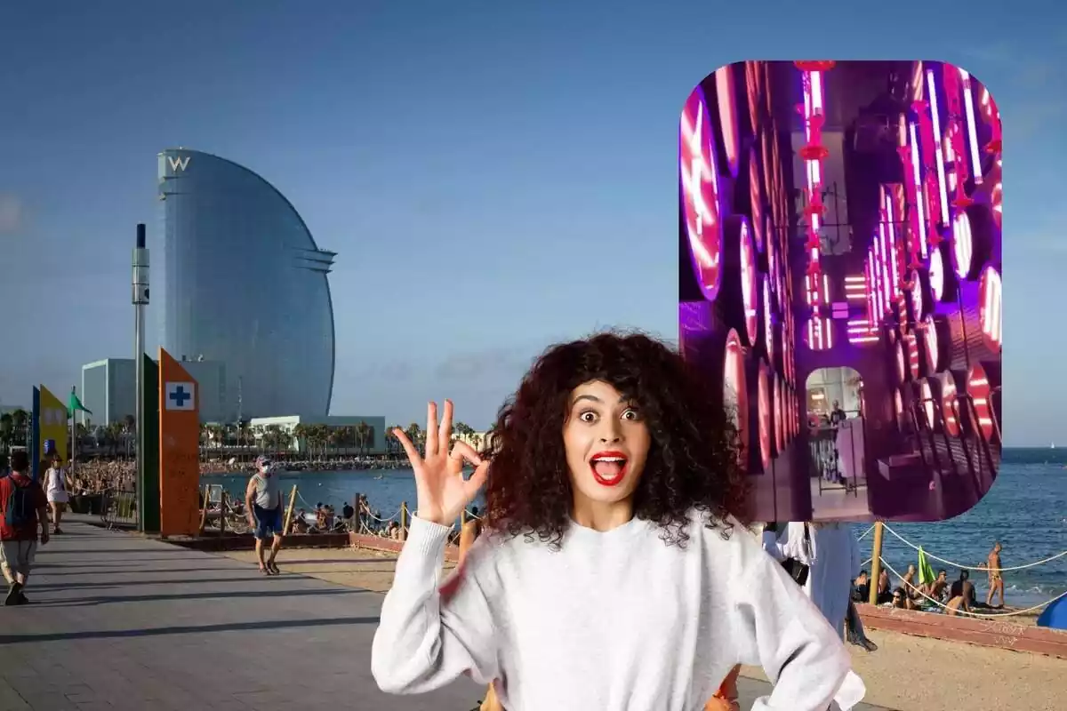 Montaje de la playa de Barcelona, captura de TikTok de una tienda con luces de colores y una mujer haciendo una redonda con los dedos