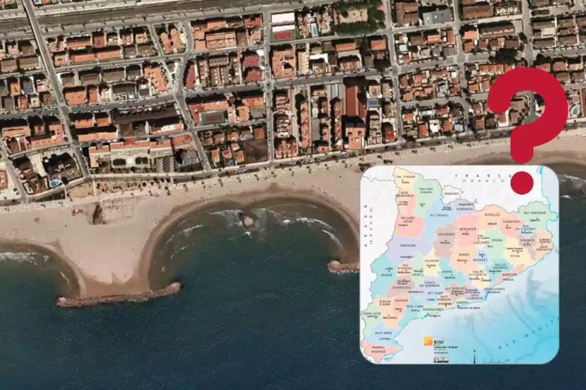 Montaje con la playa de Cunit y el pueblo, un mapa con las comarcas de Cataluña y un interrogante