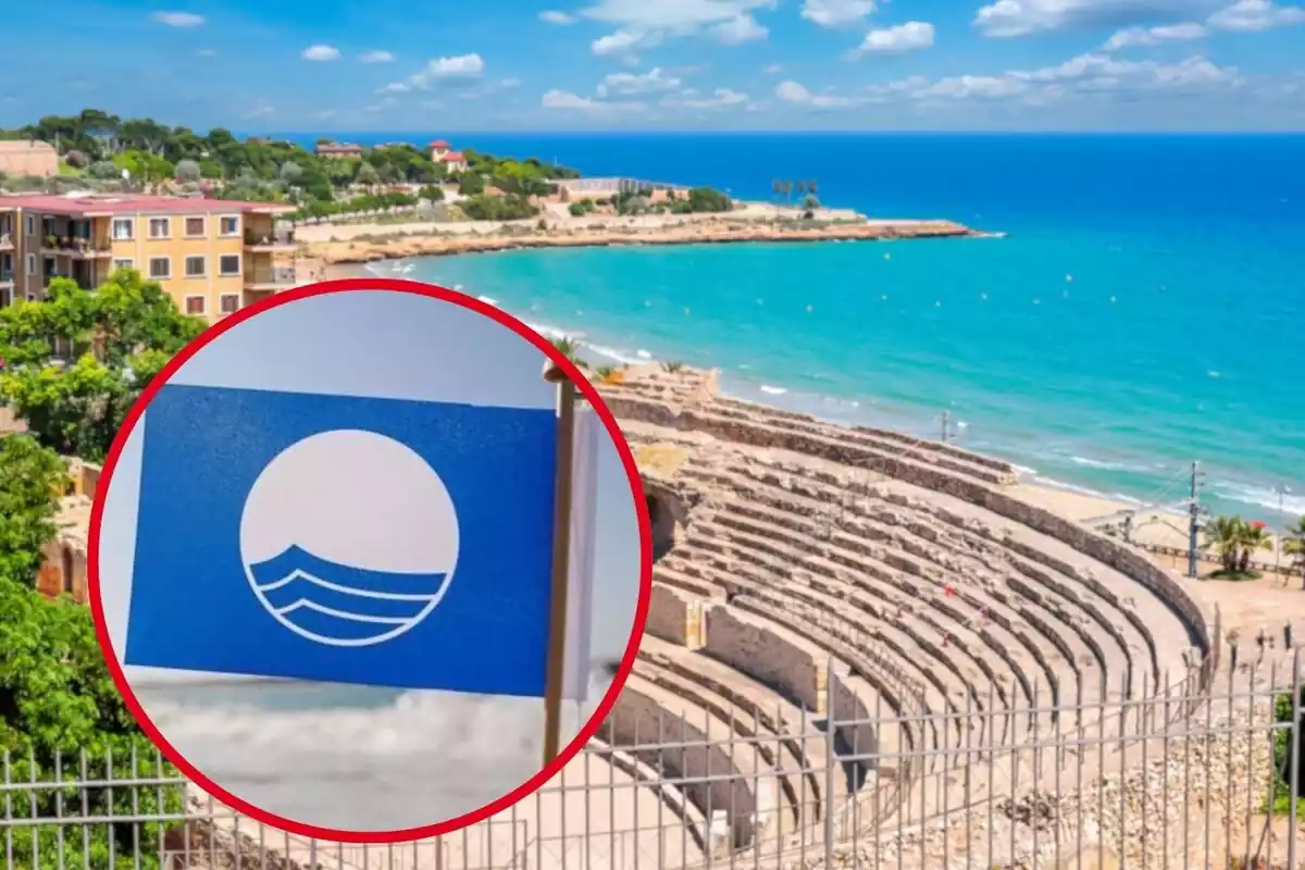 Montaje de una playa de Tarragona al fondo, con vista al anfiteatro romano, y una foto pequeña de una bandera azul