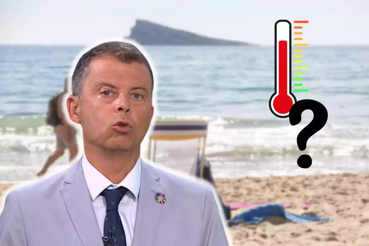 Montaje de una playa, Francesc Mauri hablando en traje gris y corbata azul y un termómetro con un interrogante negro