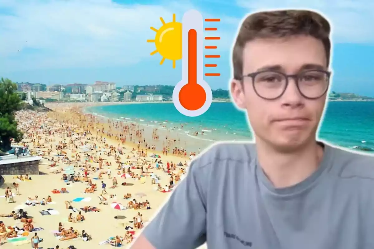 Jorge Rey con gafas y expresión neutral en primer plano, con una playa llena de gente al fondo y un icono de sol y termómetro indicando altas temperaturas.