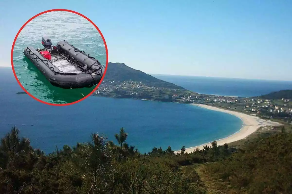 Montaje de la Playa Langosteira, en Fisterra, y una lancha hinchable en el agua