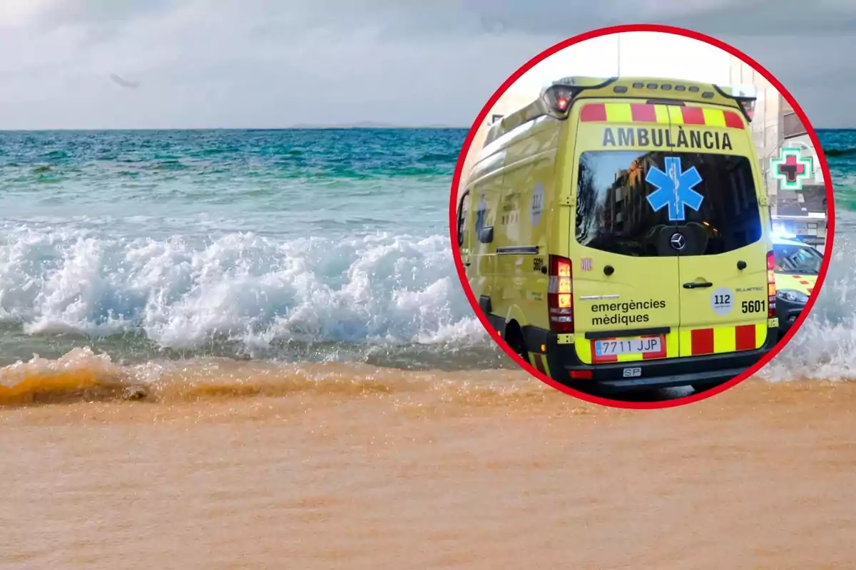 Montaje con una playa con la ola rompiéndose en la orilla y un círculo con una ambulancia del SEM