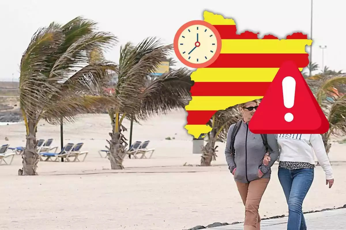 Dos personas caminando por una playa ventosa con palmeras inclinadas y un gráfico superpuesto de una bandera con un reloj y un signo de advertencia.