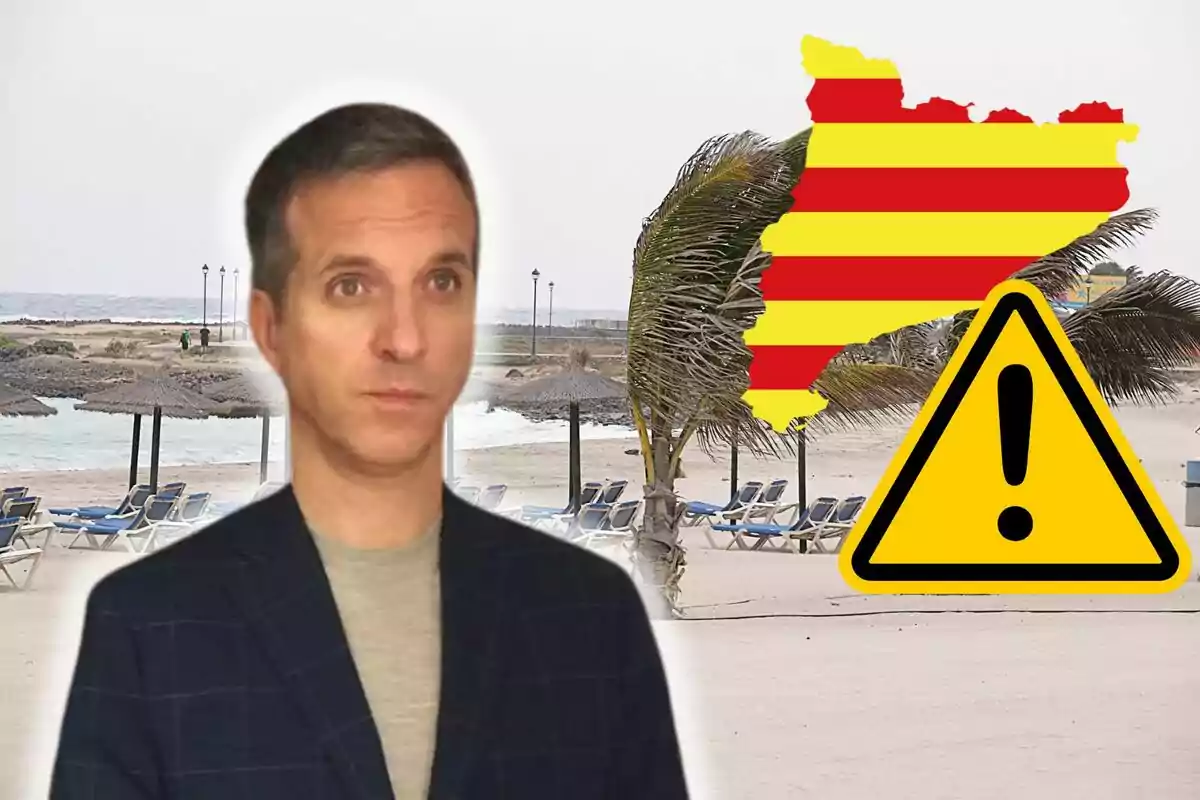 Jofre Janué con expresión seria en primer plano sobre un fondo de playa con palmeras y tumbonas junto a un mapa con franjas rojas y amarillas y un símbolo de advertencia.