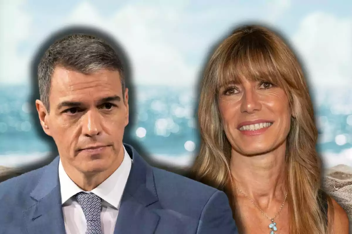 Pedro Sánchez y Begoña Gómez posando frente a un fondo de mar y cielo.