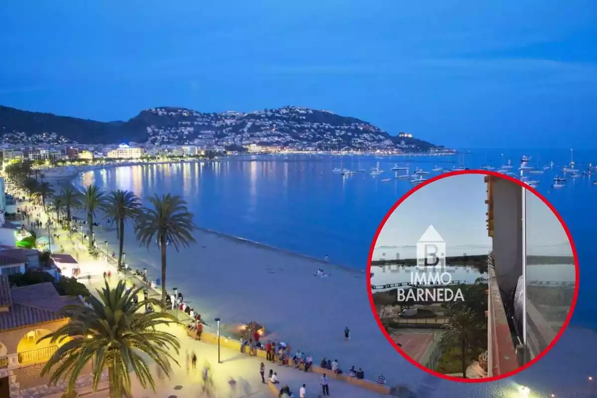 Montaje con la playa de Roses de noche y una imagen desde una ventana donde se ve el mar