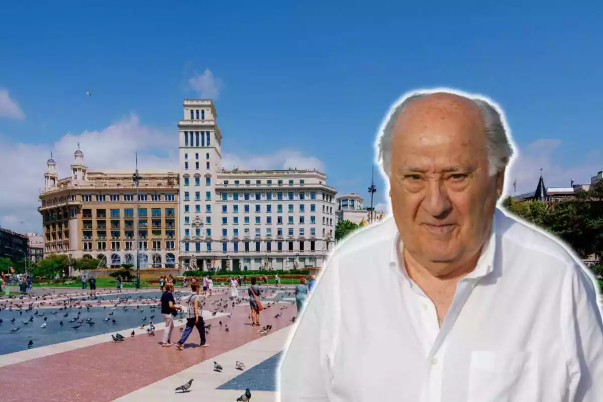 Montaje con plaza Cataluña de Barcelona y Amancio Ortega con rostro neutro y camisa blanca