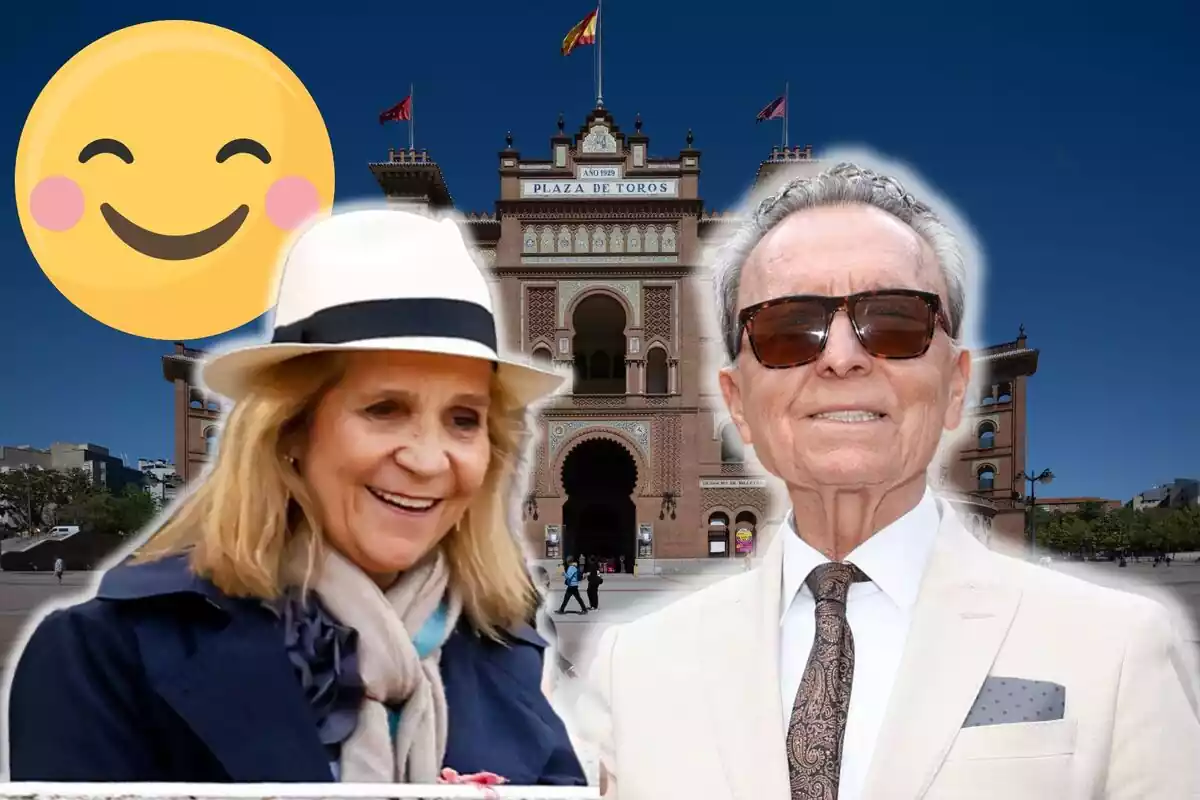 Montaje de la plaza de toros de Las Ventas, la infanta Elena sonriendo con un sombrero blanco, José Ortega Cano sonriendo con gafas de sol y traje blanco y un emoji feliz