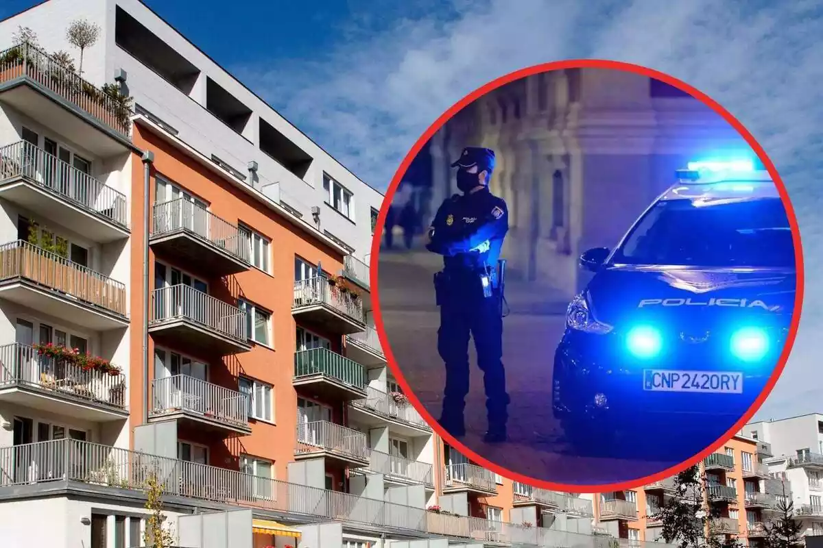 Montaje de un edificio exterior de pisos con un policía y el coche de patrulla