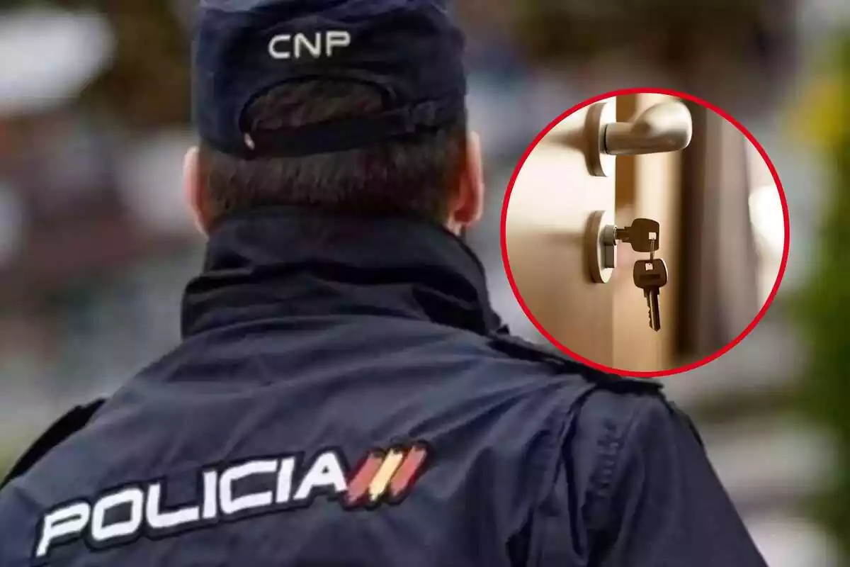 Montaje de un policía nacional de espaldas con una llave en una cerradura