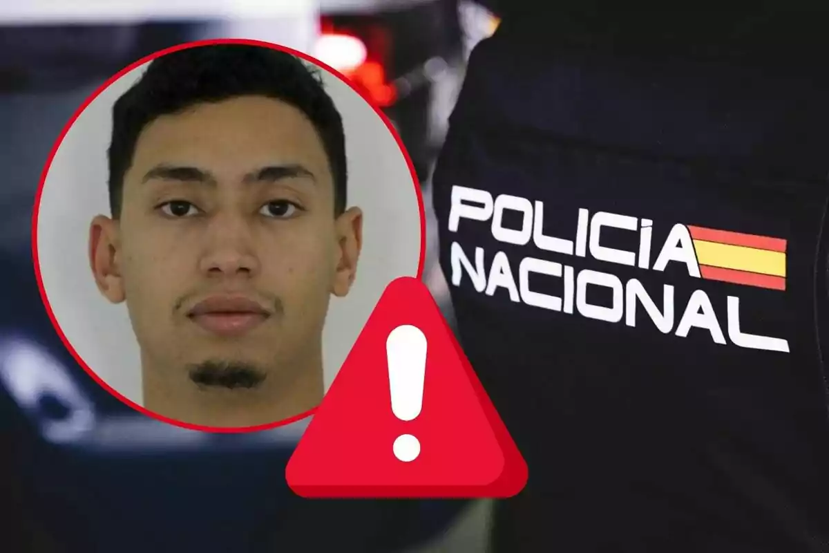 Hombre en un círculo rojo con un símbolo de advertencia y un uniforme de la Policía Nacional.