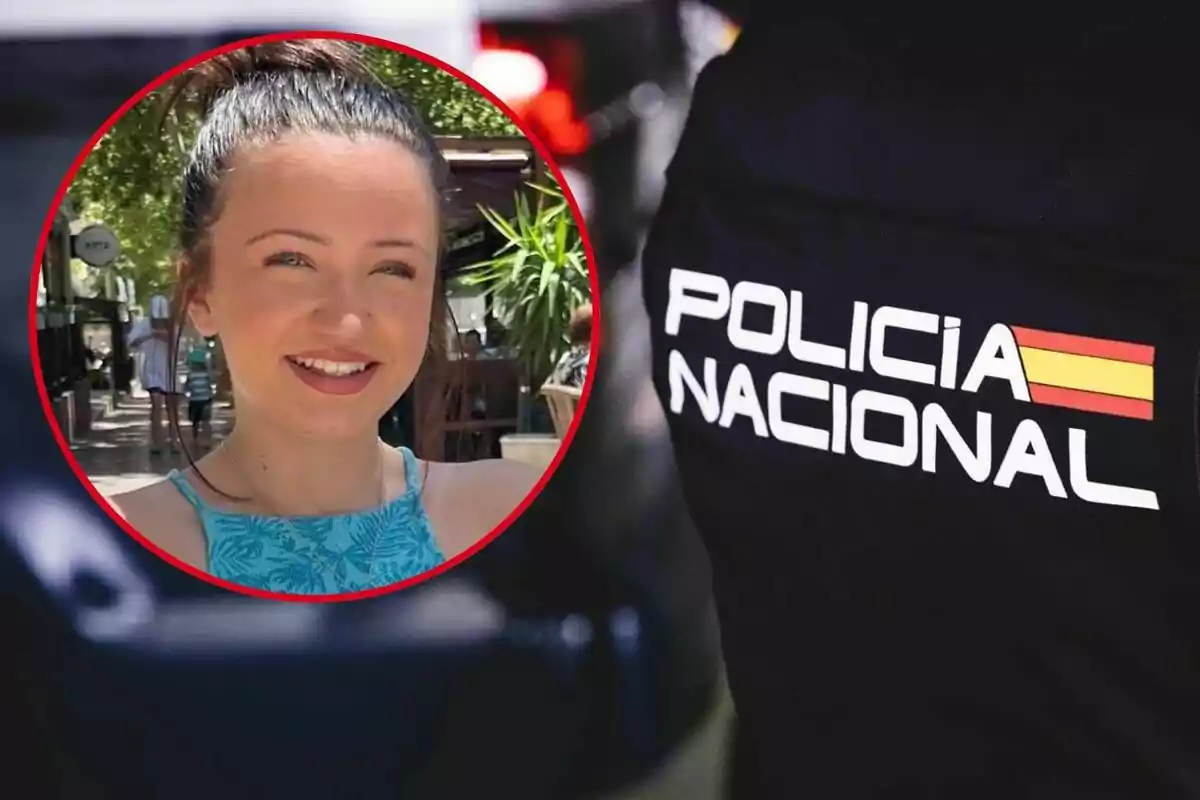 Una mujer sonriente en un círculo rojo superpuesto a una imagen de un uniforme de la Policía Nacional.