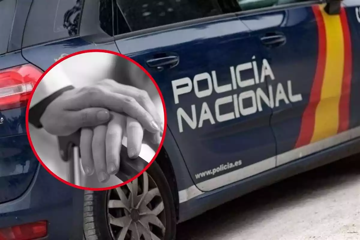 Montaje con un coche de la policía nacional y la mano de un niño