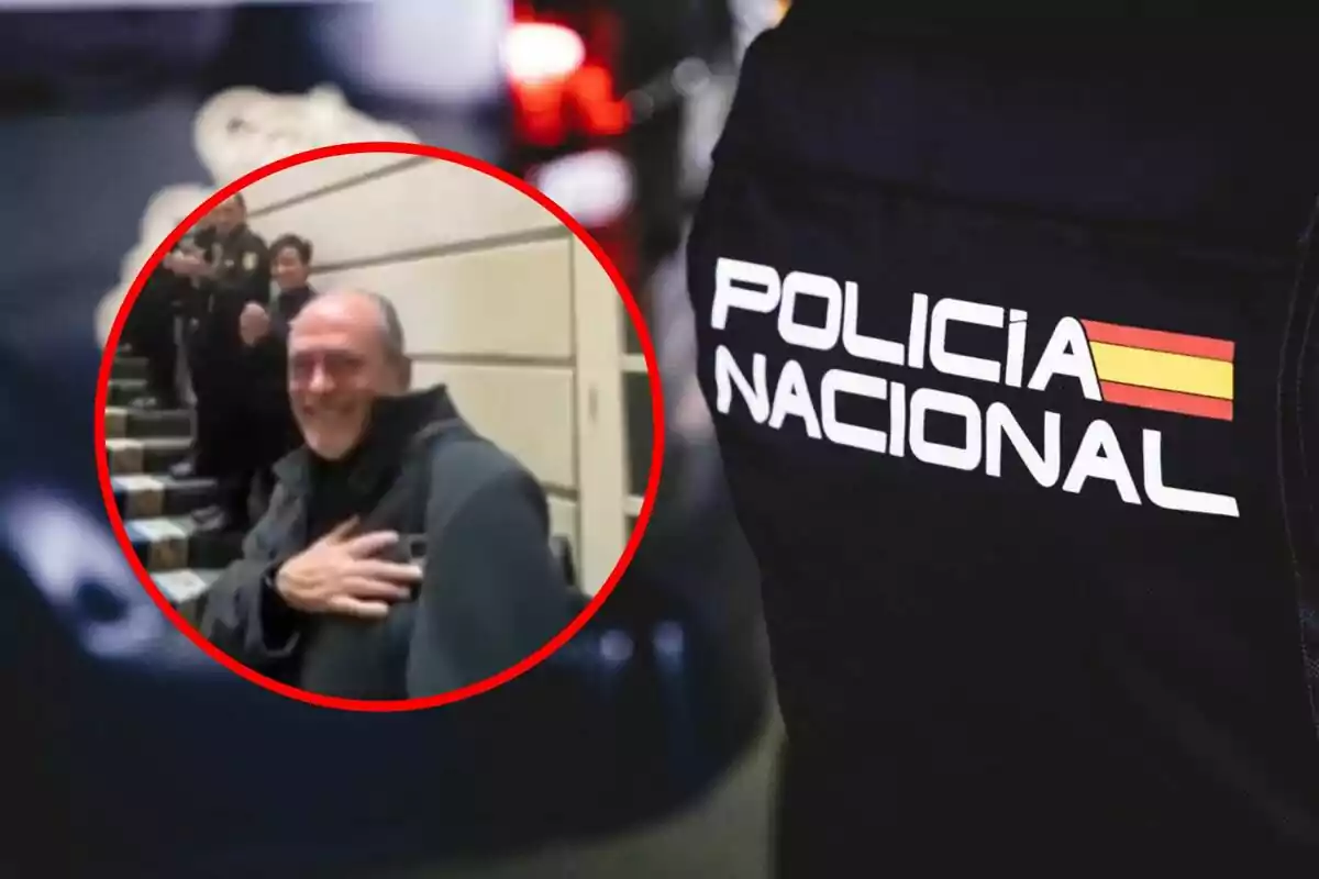 Un hombre sonriente con la mano en el pecho es rodeado por policías en una escalera, mientras que en primer plano se ve el uniforme de la Policía Nacional.