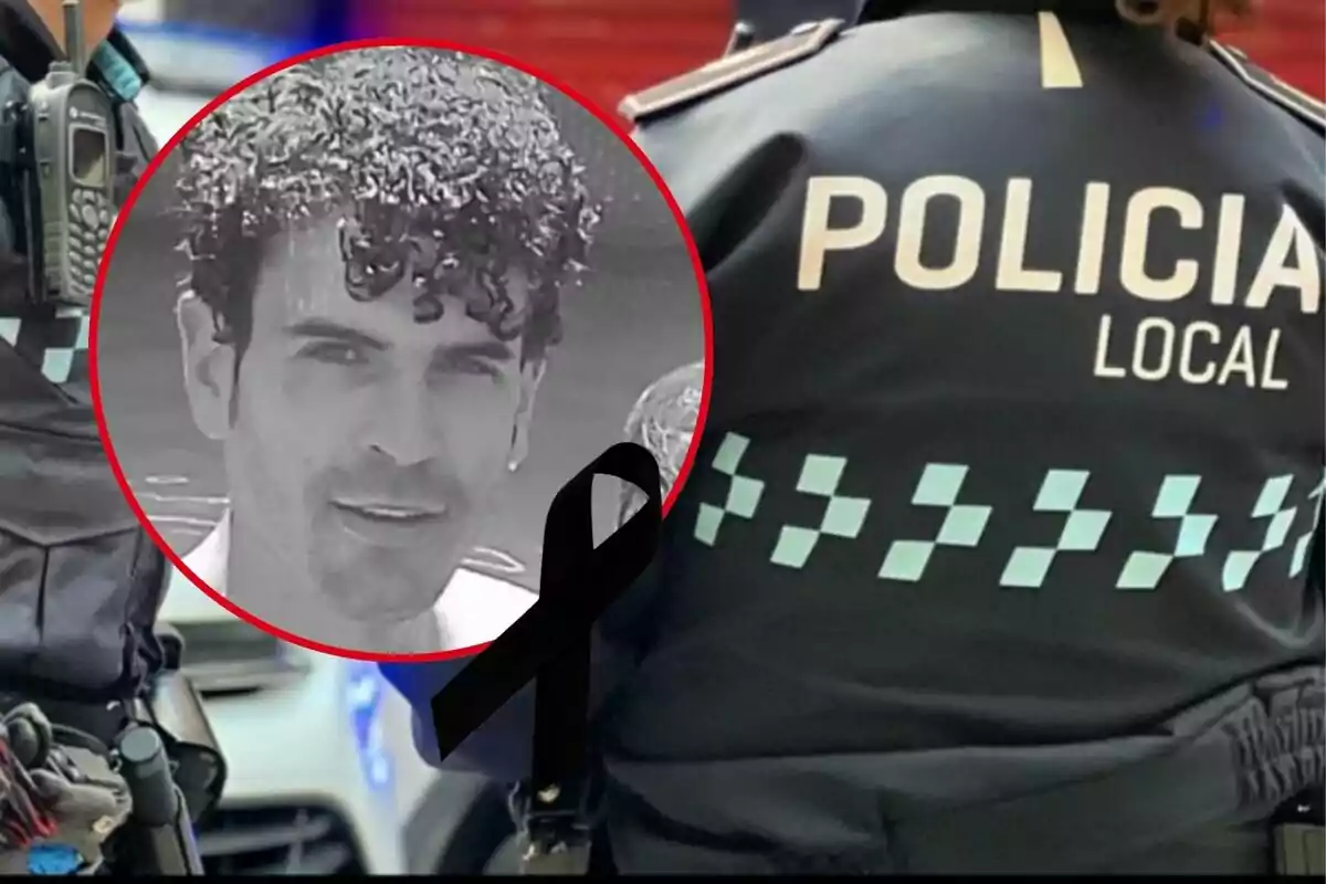 Una imagen muestra a un oficial de policía local de espaldas con un emblema en su chaqueta y un retrato en blanco y negro de un hombre dentro de un círculo rojo con un lazo negro superpuesto.