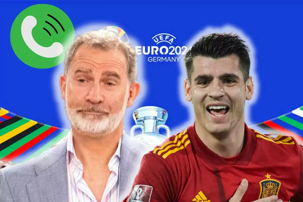 Felipe VI y Álvaro Morata con un fondo del logo de la UEFA Euro 2024 y un icono de llamada verde.