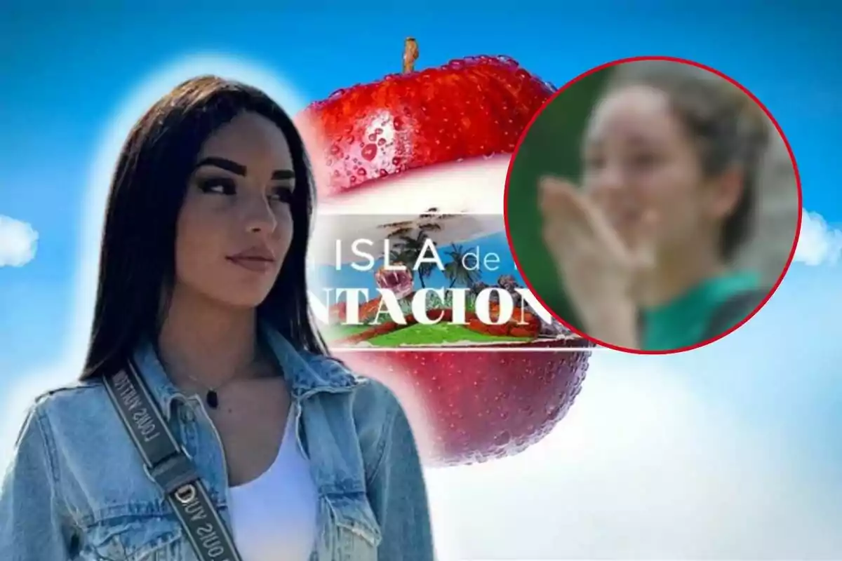 Anita Williams con chaqueta de mezclilla aparece frente a un fondo con una manzana roja y el texto "Isla de las Tentaciones" mientras en un círculo a la derecha se ve una imagen borrosa de otra persona.