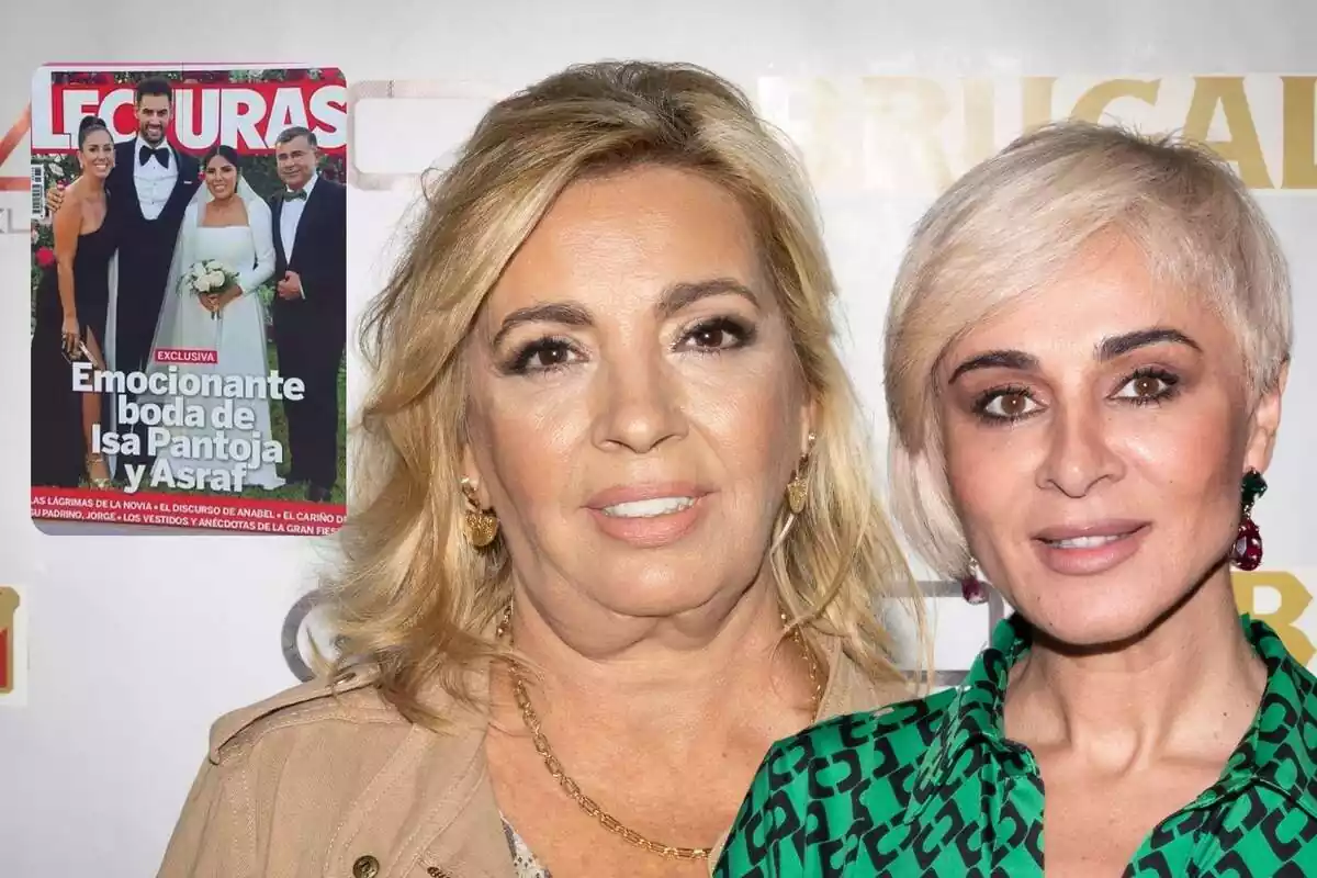 Montaje de primer plano de Carmen Borrego y Ana María Aldón sonriendo con la portada de 'Lecturas' de la boda de Isa Pantoja y Asraf Beno