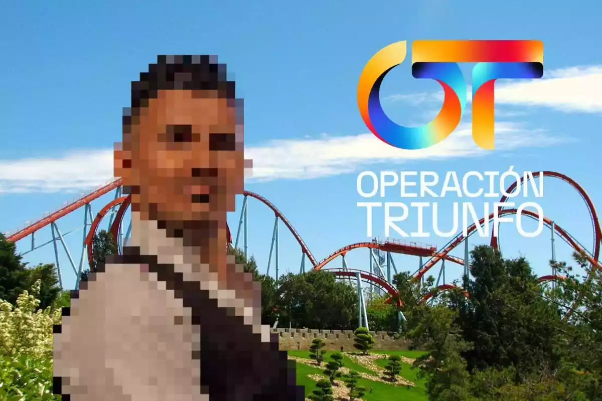 Montaje con el parque de PortAventura al fondo, Ángel Capel pixelado y el logo de 'Operación Triunfo'