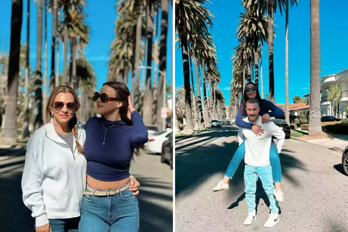 Dos imágenes muestran a personas disfrutando de un día soleado en una calle bordeada de palmeras; en la primera, Marta Peñate y su madre posan juntas, mientras que en la segunda, ella está sobre los hombros de Tony Spina, ambos sonriendo. Dos imágenes muestran a personas disfrutando de un día soleado en una calle bordeada de palmeras; en la primera, Marta Peñate y su madre posan juntas, mientras que en la segunda, ella está sobre los hombros de Tony Spina, ambos sonriendo.