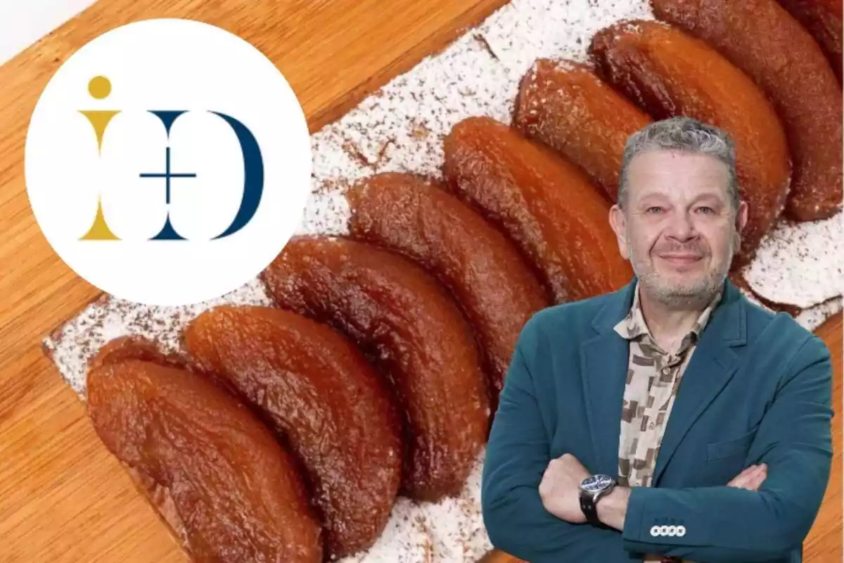 Montaje con un postre al fondo, el logo de I+Desserts y Alberto Chicote con los brazos cruzados