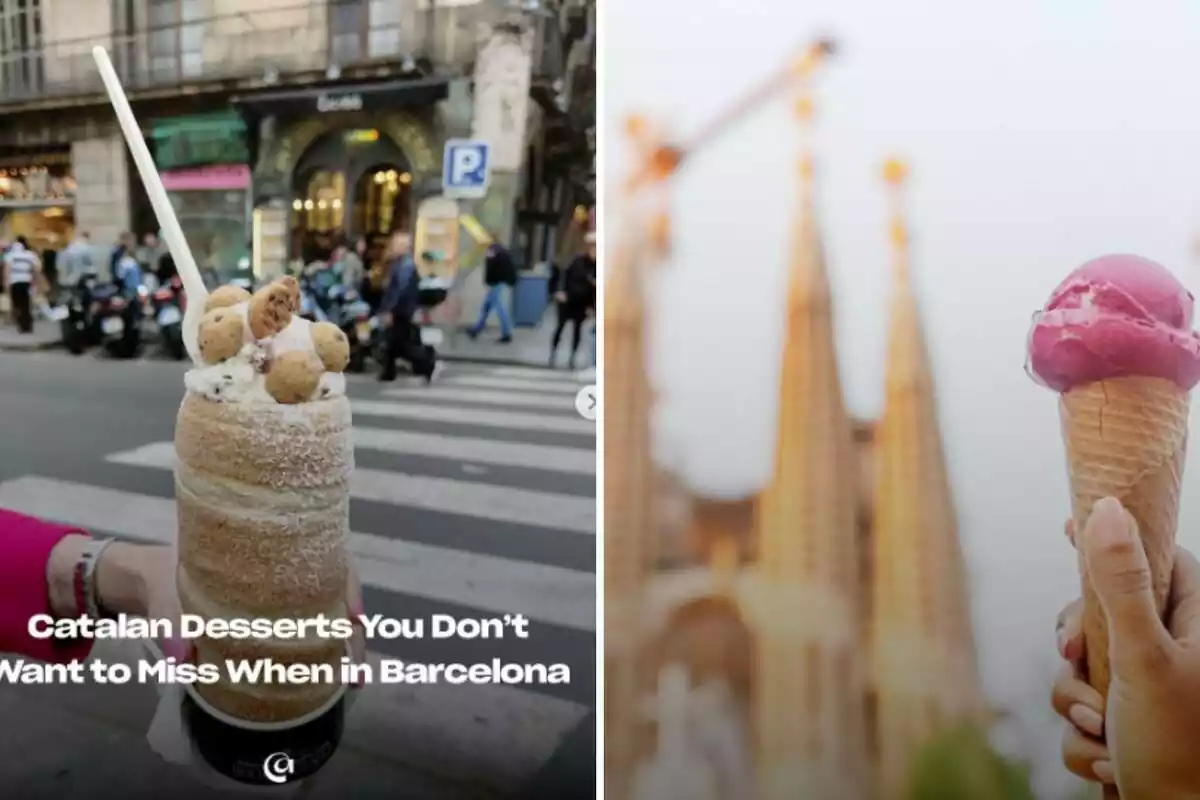 Montaje postres en Barcelona, a la izquierda uno con crema y a la derecha un cono que tiene como fondo la Sagrada Familia Montaje postres en Barcelona, a la izquierda uno con crema y a la derecha un cono que tiene como fondo la Sagrada Familia