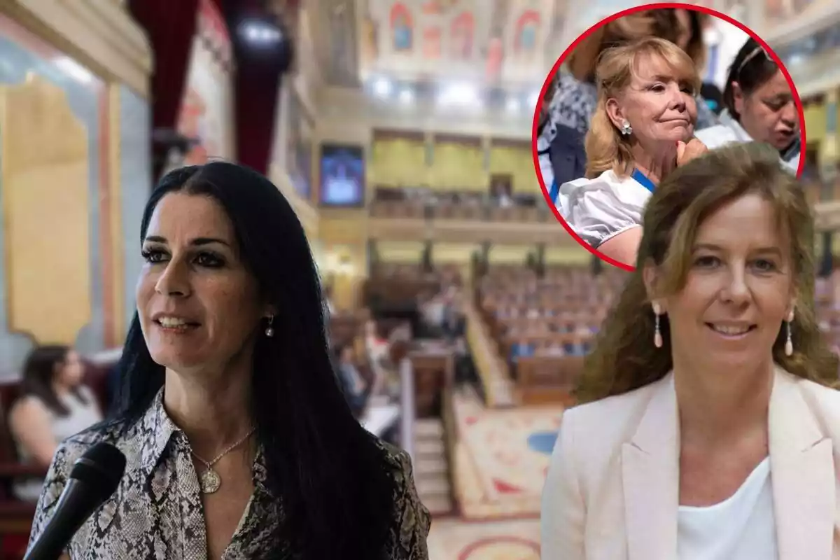 Montaje de Carla Toscana y Rocío Aguirre en primer plano, con círculo con Esperanza Aguirre y fondo desenfocado del Congreso de los Diputados