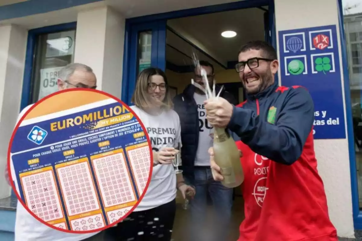 Un grupo de personas celebra un premio de lotería con cava y en el círculo, un boleto del Euromillones