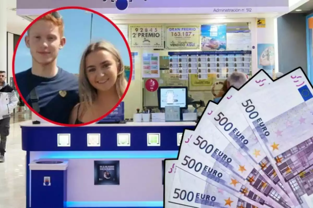 Una administración de loterías al fondo, con unos billetes de 500 euros, y en el círculo, la pareja que no se llevó el premio