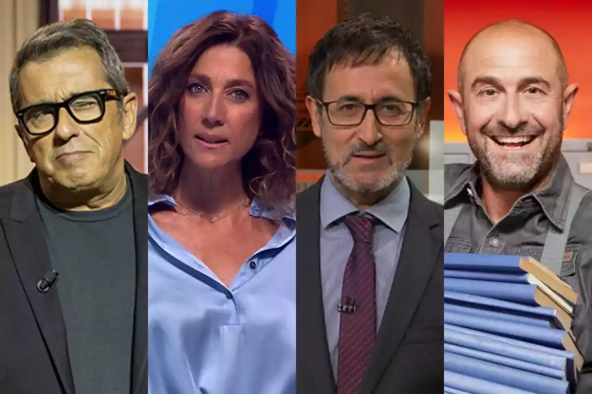 Montaje de los presentadores de TV3 Andreu Buenafuente, Helena García Melero, Xavier Grasset y Eloi Vila posando en diferentes escenarios.