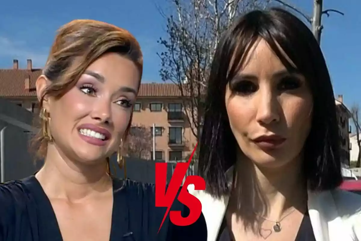 Adara Molinero y Fani Carbajo con expresiones faciales contrastantes, Adara sonriendo incómodamente y Fani con una expresión seria, con un gráfico de "VS" en rojo entre ellas.