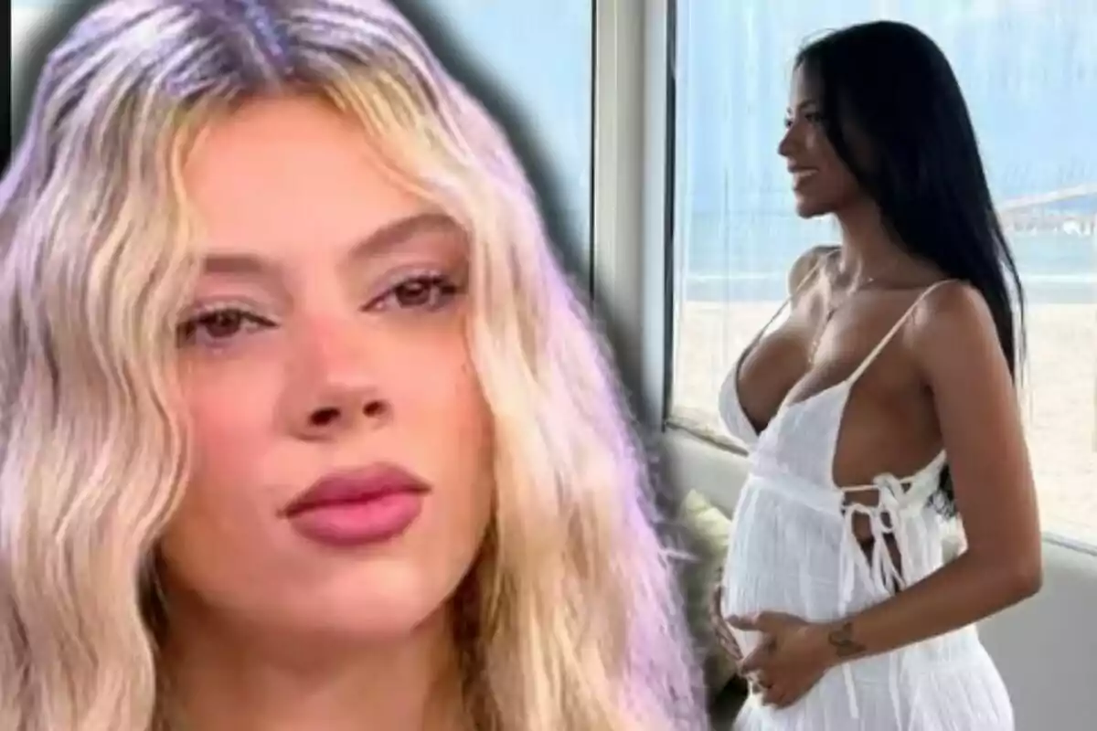 Primer plano de Alejandra Rubio con expresión seria y al fondo Jeimy Báez embarazada de cabello oscuro vestida de blanco mirando por una ventana hacia la playa