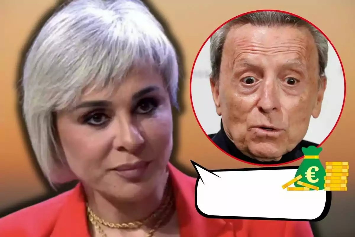 Ana María Aldón con expresión seria y Ortega Cano en un círculo rojo con expresión sorprendida, junto a un globo de diálogo vacío con un icono de dinero.
