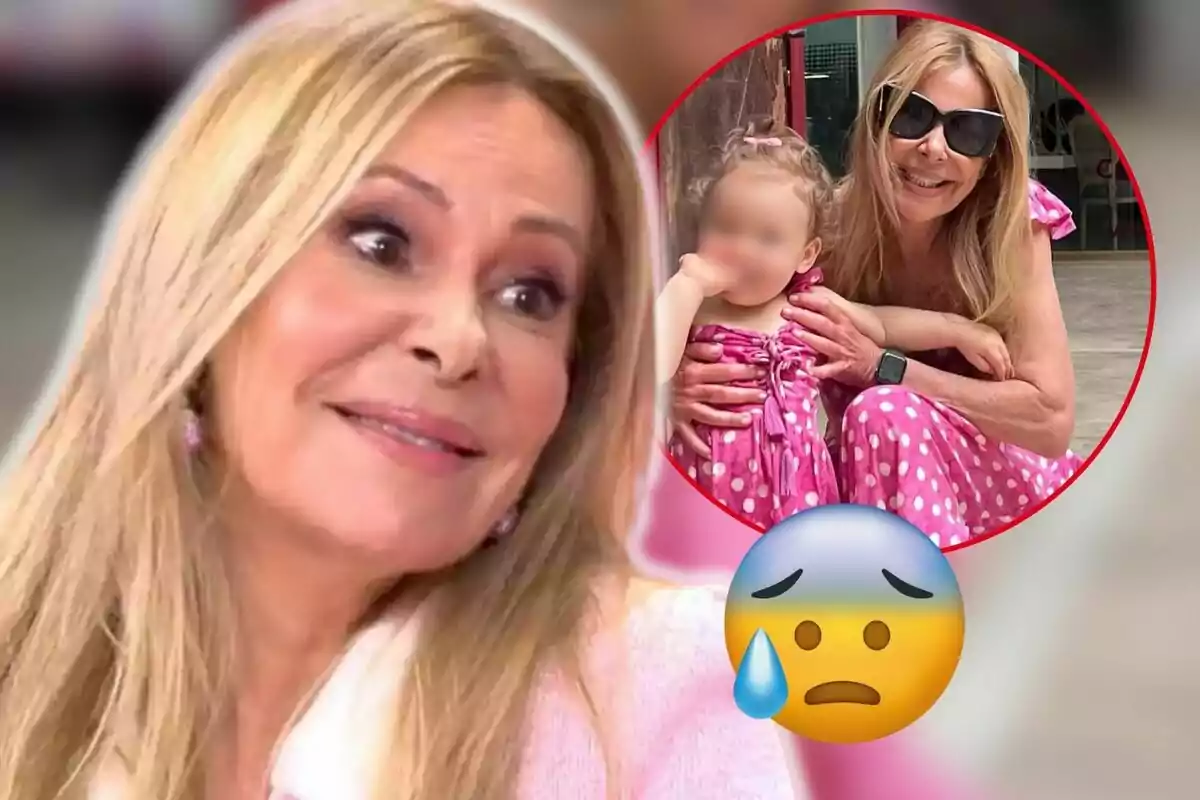 Ana Obregón rubia sonriente con un emoji de cara preocupada y una imagen insertada de ella con Ana Sandra ambas vestidas de rosa con lunares blancos.