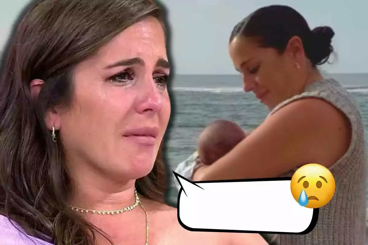 Anabel Pantoja llorando con expresión de tristeza y otra mujer sosteniendo a un bebé cerca del mar, con un emoji de cara llorando.