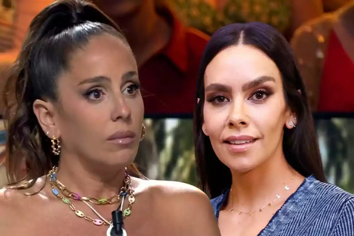 Anabel Pantoja y Cristina Pedroche con expresiones faciales diferentes, Anabel con el cabello recogido y Cristina con el cabello suelto, ambas con maquillaje y accesorios.