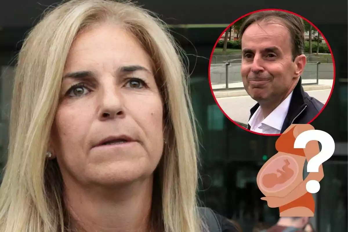 Arantxa Sánchez Vicario rubia con expresión seria en primer plano, con Josep Santacana en un círculo rojo en la esquina superior derecha y un icono de embarazo con signo de interrogación en la parte inferior derecha.